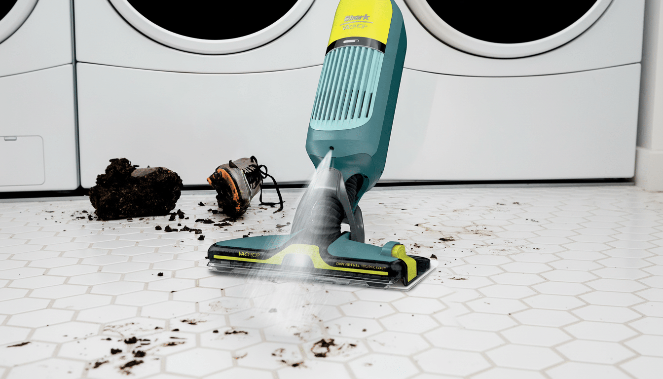 A Shark VacMop cleaning a dirty tiled floor in front of a washing machine.