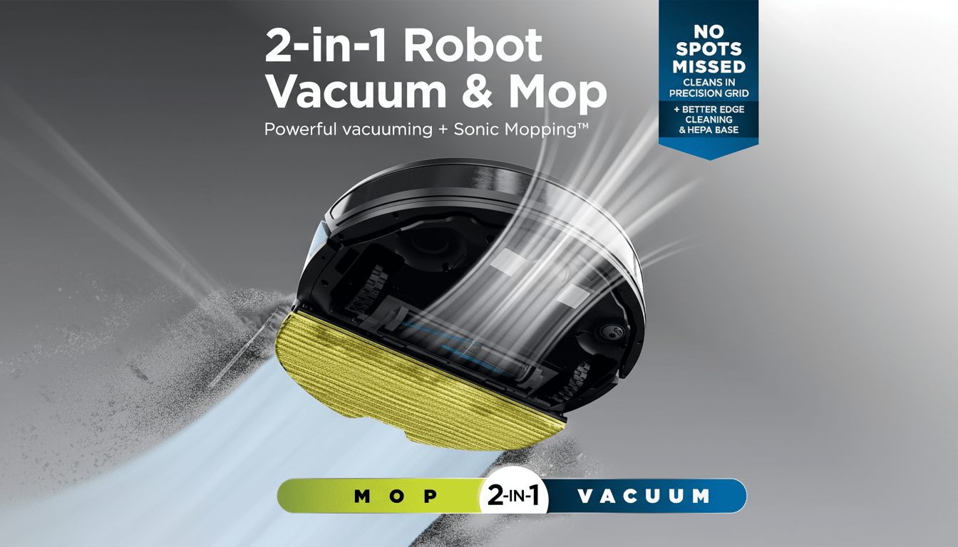 A 2-in-1 robot vacuum and mop with text describing its features and benefits, resized to a 16:9 aspect ratio.