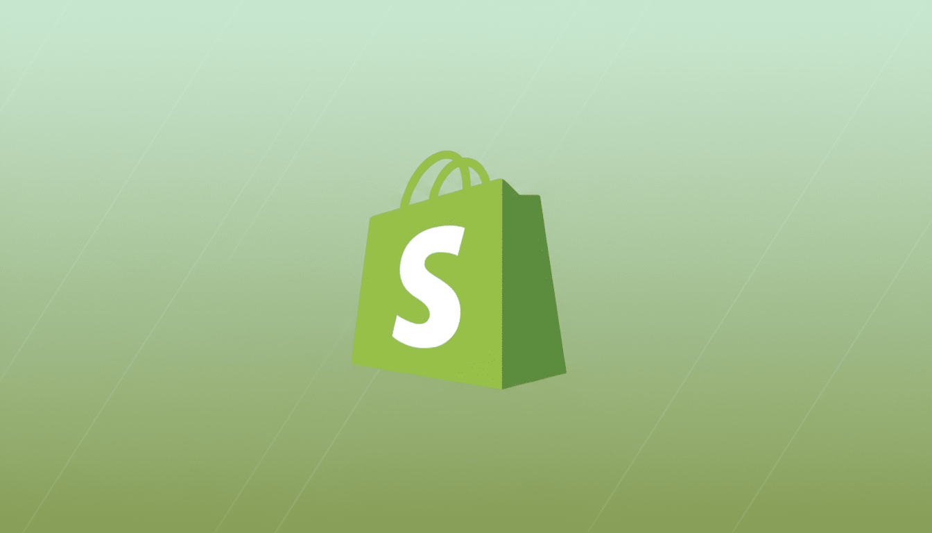 The Shopify logo, a green shopping bag with a white S on it, centered on a professional 16:9 background with a soft green gradient and subtle diagonal line patterns.
