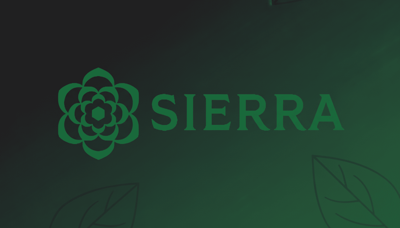 The Sierra logo, featuring a stylized green floral design next to the word SIERRA in green text, set against a professional 16:9 aspect ratio background with a dark green gradient and subtle leaf patterns.