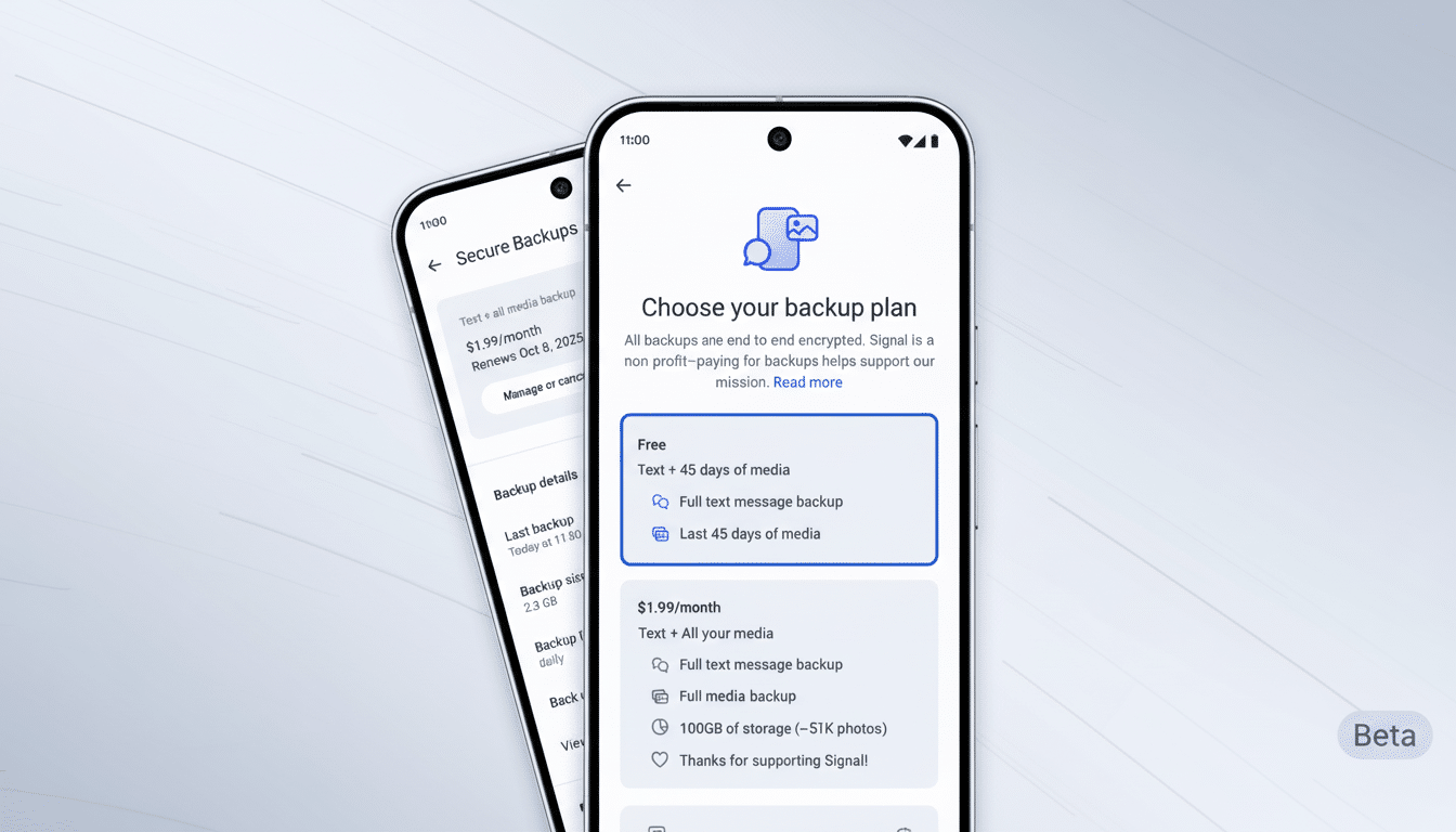 A 16:9 aspect ratio image showing two smartphones displaying the Signal apps backup plan options. The foreground phone shows Choose your backup plan with Free and $1.99/month options. The background phone shows Secure Backups details.