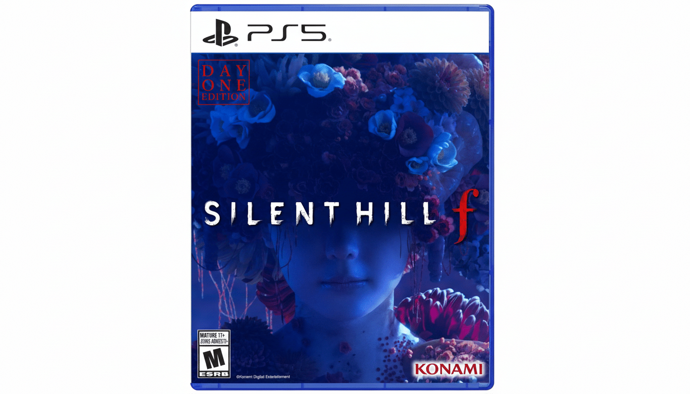 The Silent Hill f game cover for PlayStation 5, featuring a person with a floral headpiece against a dark background, resized to a 16:9 aspect ratio.