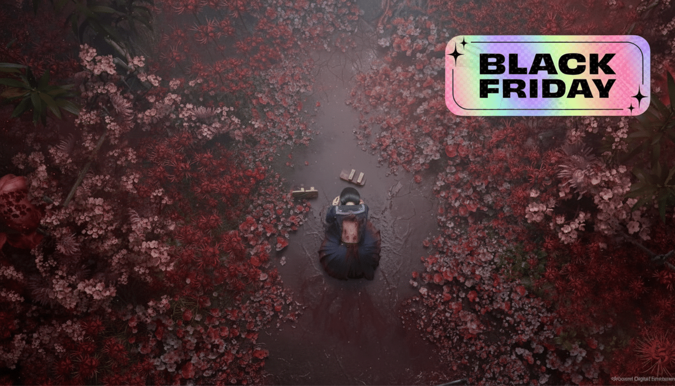 A 16:9 aspect ratio image showing a person sitting in a dark, overgrown path surrounded by red and pink foliage, with a BLACK FRIDAY banner in the upper right corner.