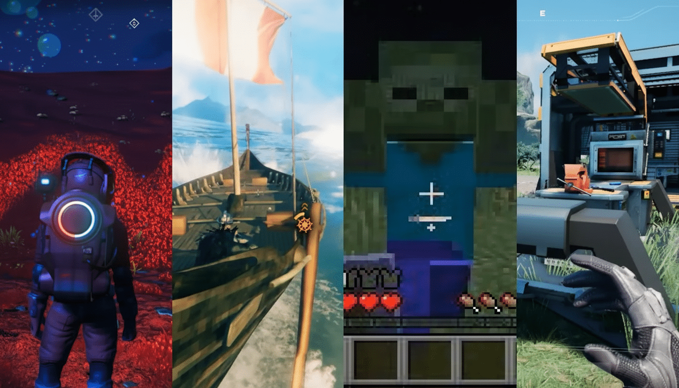A split image showing four different video game scenes. From left to right: an astronaut on a red alien planet, a Viking ship sailing on a blue sea, a Minecraft zombie, and a first-person view of a futuristic mining machine.