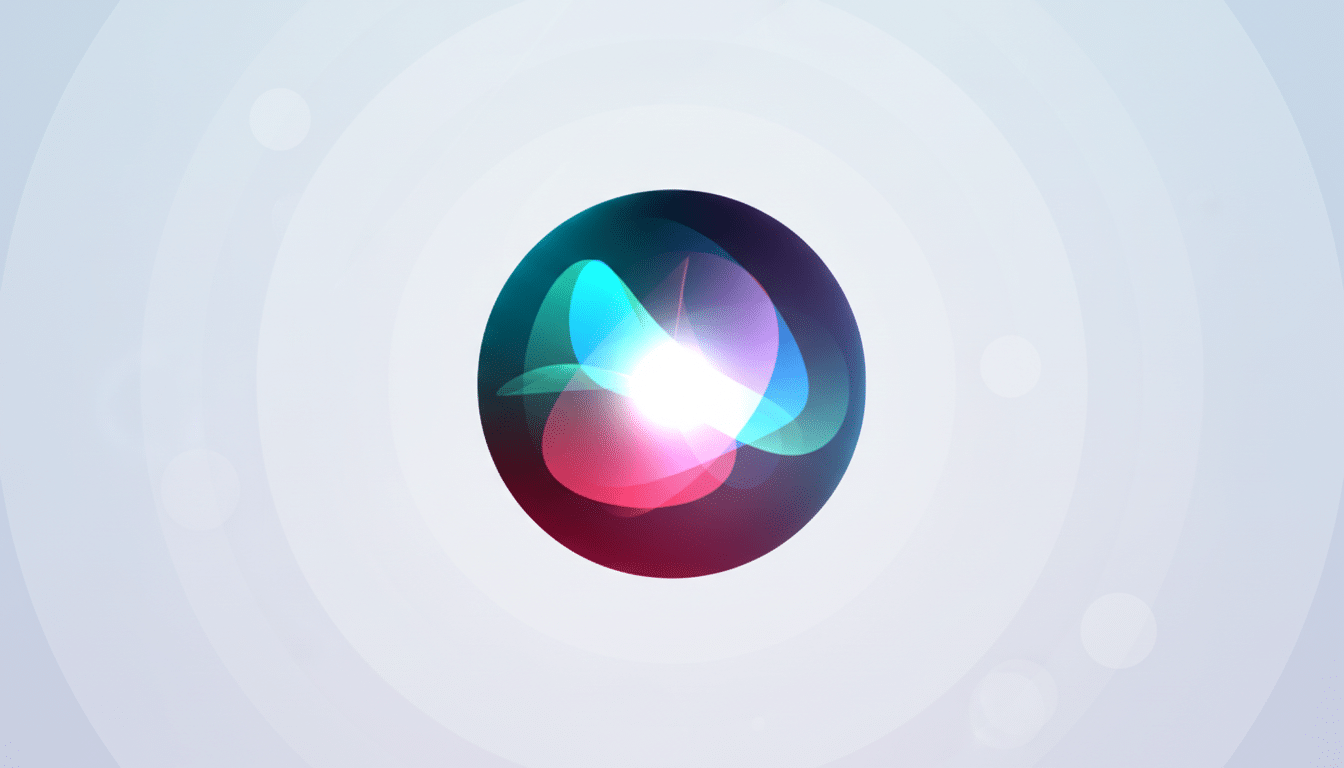 The Siri icon, a glowing, colorful orb, centered on a professional flat design background with soft patterns and gradients.