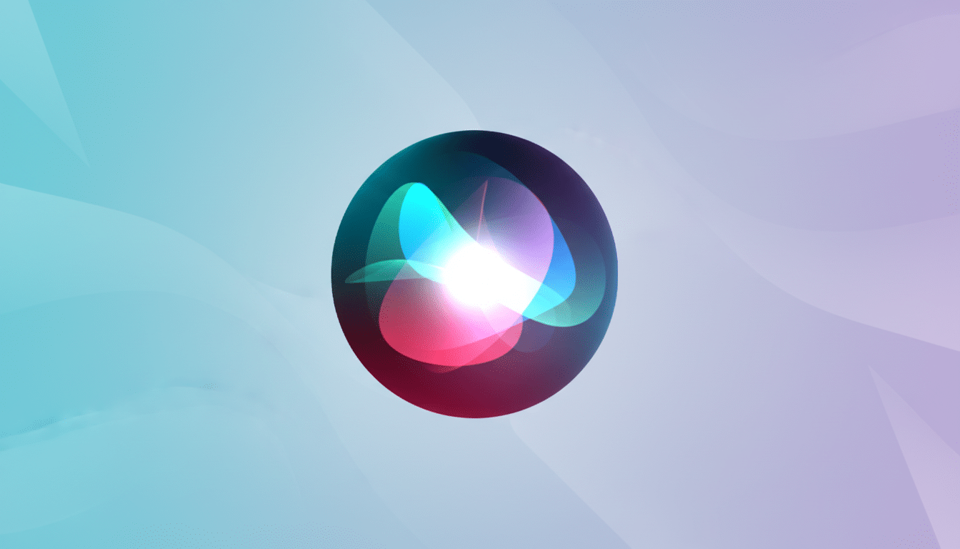 The Siri icon, a glowing, multi-colored orb, centered on a professional flat design background with soft blue and purple gradients and subtle wave patterns.