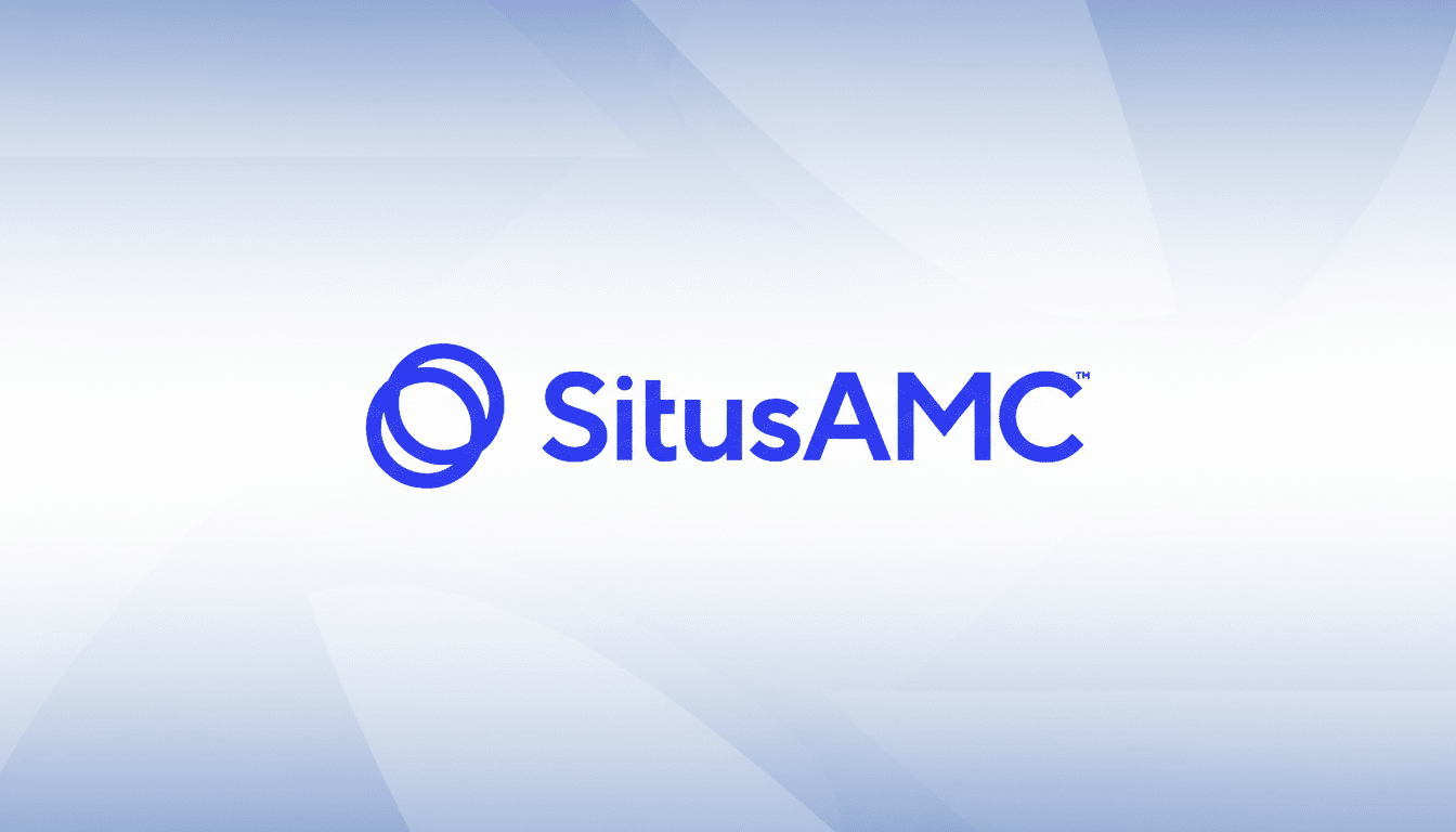 The SitusAMC logo, featuring a blue abstract circular design next to the word SitusAMC in blue text, presented on a professional light blue and white gradient background with subtle geometric patterns.