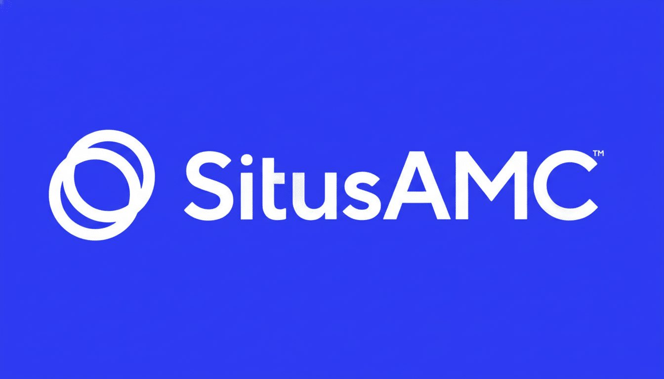 The SitusAMC logo, featuring a white stylized double-ring icon to the left of the word SitusAMC in white, all set against a solid blue background.