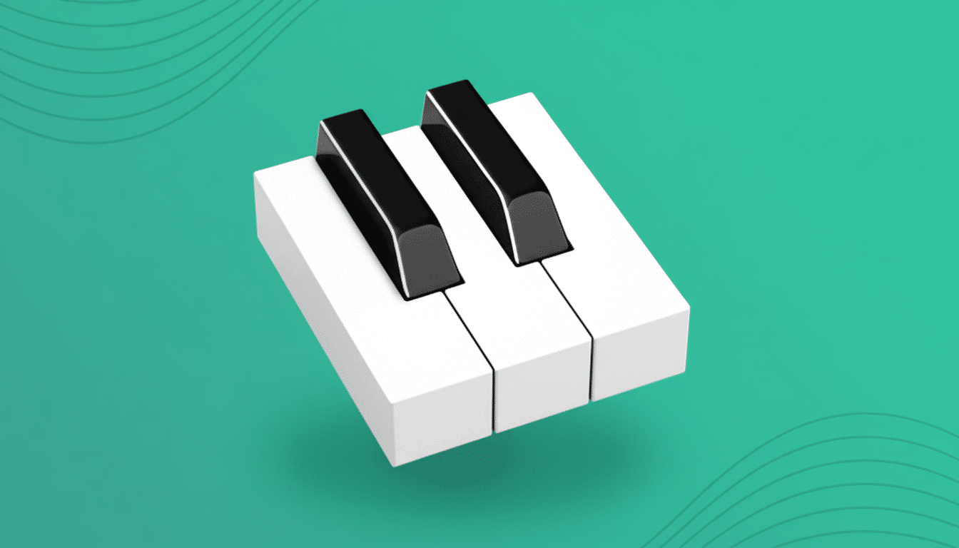 A 3D rendering of two white piano keys and two black piano keys floating above a teal background with subtle wave patterns.