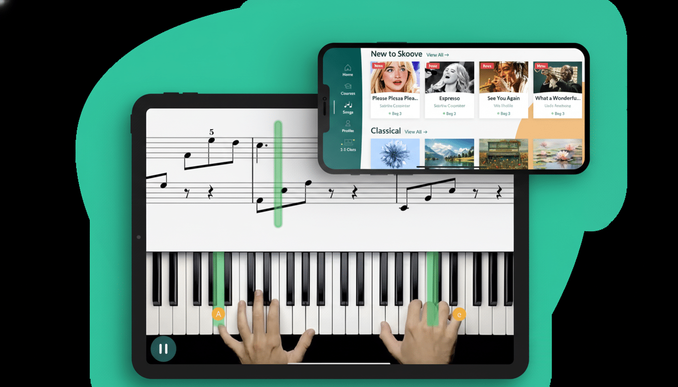 A tablet displaying a piano learning app with sheet music and hands on a virtual keyboard, and a smartphone showing the apps course selection screen, all set against a professional green and black background.