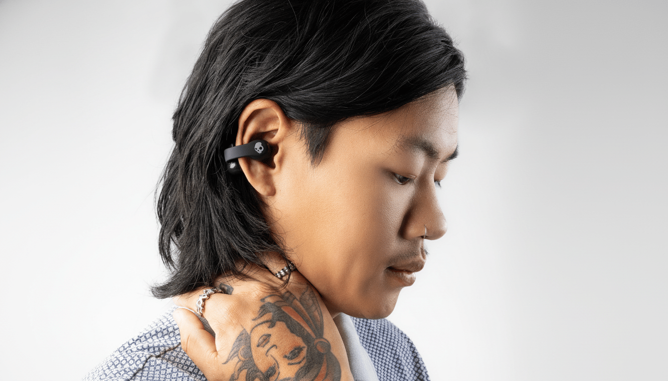 A man with long dark hair and tattoos on his hand and neck, wearing a black Skullcandy earbud in his right ear, looking down and to the right. The image is resized to a 16:9 aspect ratio with the original background maintained.