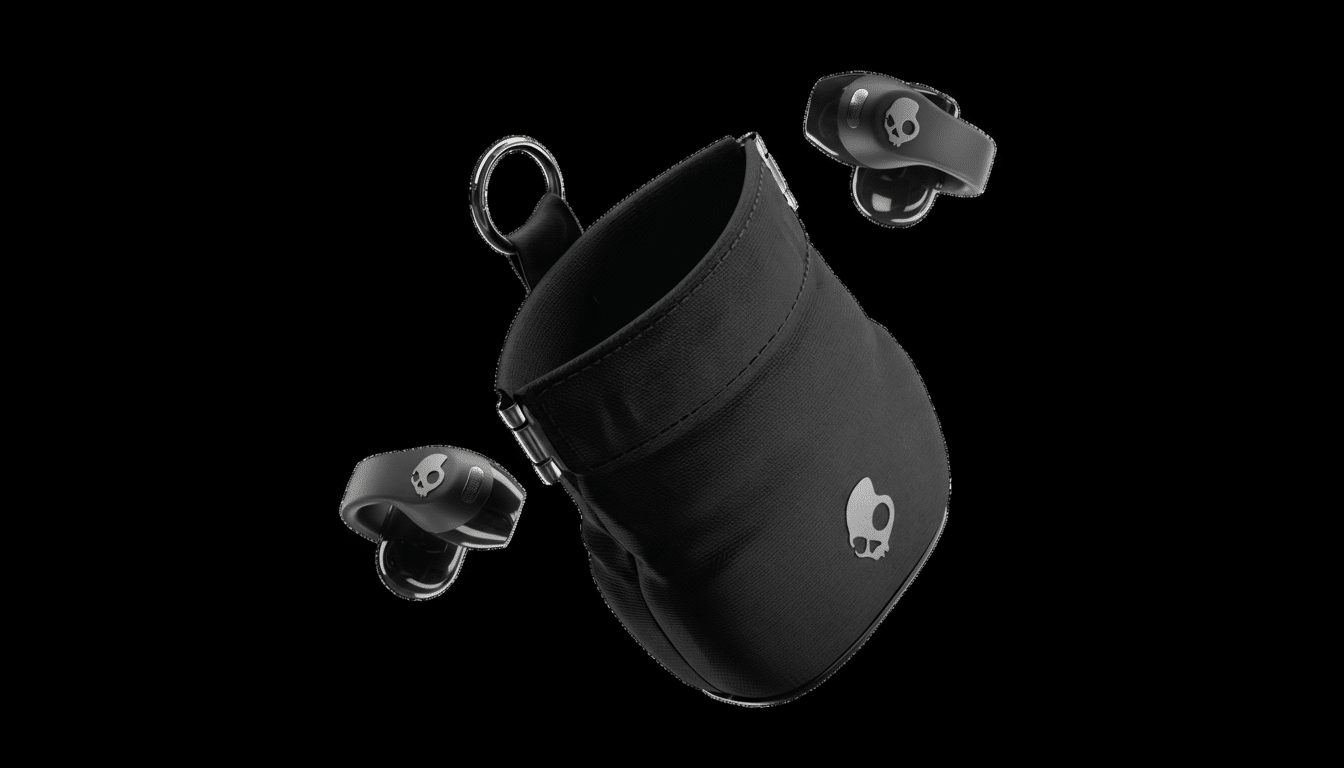 A black Skullcandy earbud case with two black Skullcandy earbuds floating beside it, all against a black background.