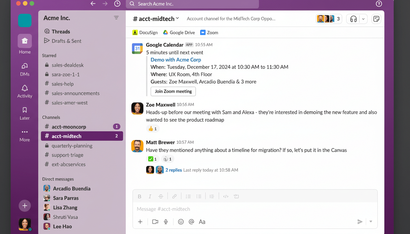 A professional screenshot of a Slack interface, resized to a 16:9 aspect ratio. The image displays a channel named #acct-midtech with a Google Calendar notification for an upcoming meeting, and recent messages from Zoe Maxwell and Matt Brewer. The original background and content are preserved, with no human figures altered.