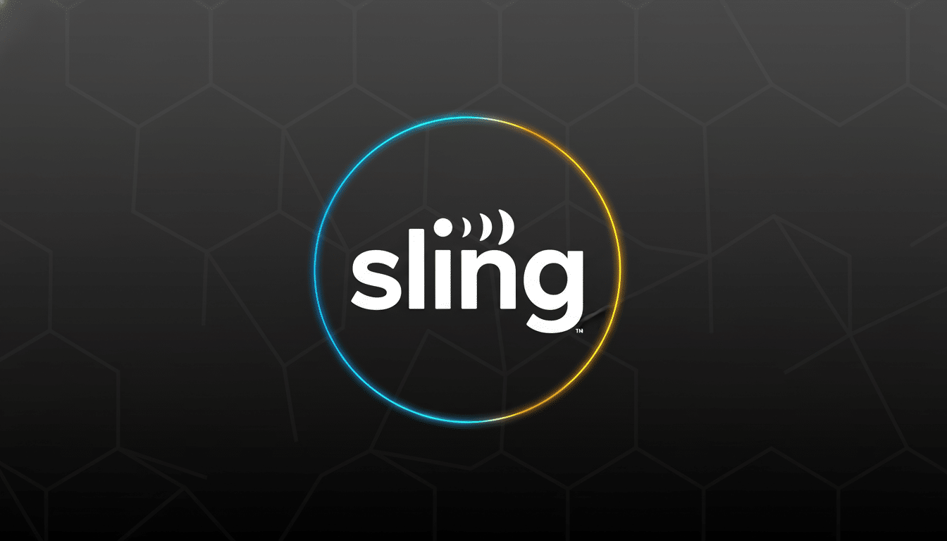 The Sling TV logo, featuring the word sling in white with a Wi-Fi signal icon above the i, enclosed within a glowing blue, orange, and yellow circular neon border, set against a dark gray background with a subtle hexagonal pattern.