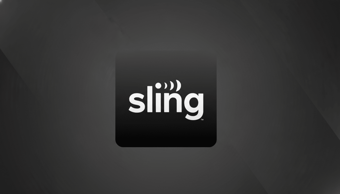 The Sling TV logo, featuring the word sling in white with a Wi-Fi signal icon above the i, centered on a dark gray background with subtle, soft gradient patterns.
