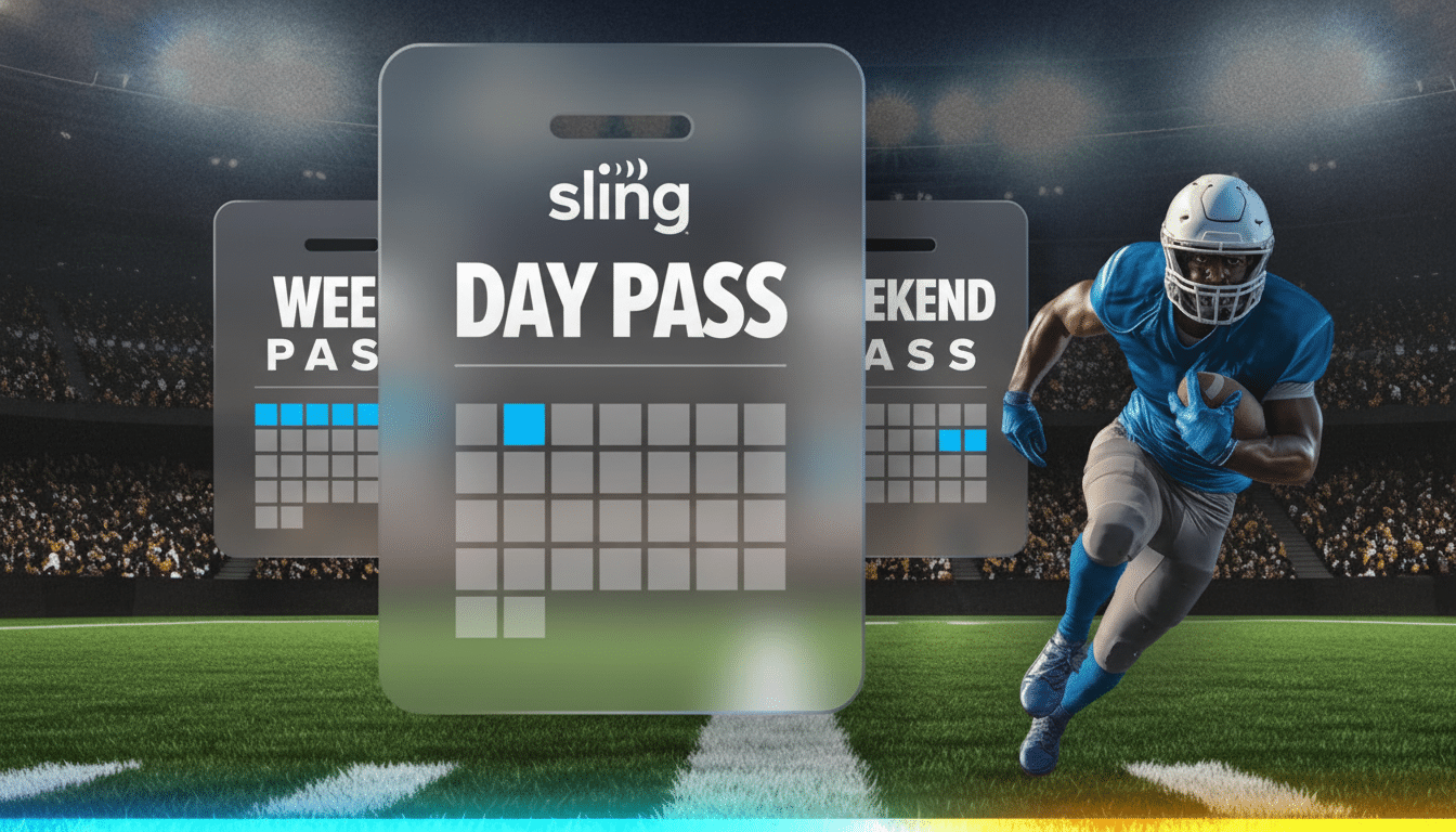 A football player running on a field with three Sling TV Day Pass cards floating in the background, resized to a 16:9 aspect ratio.