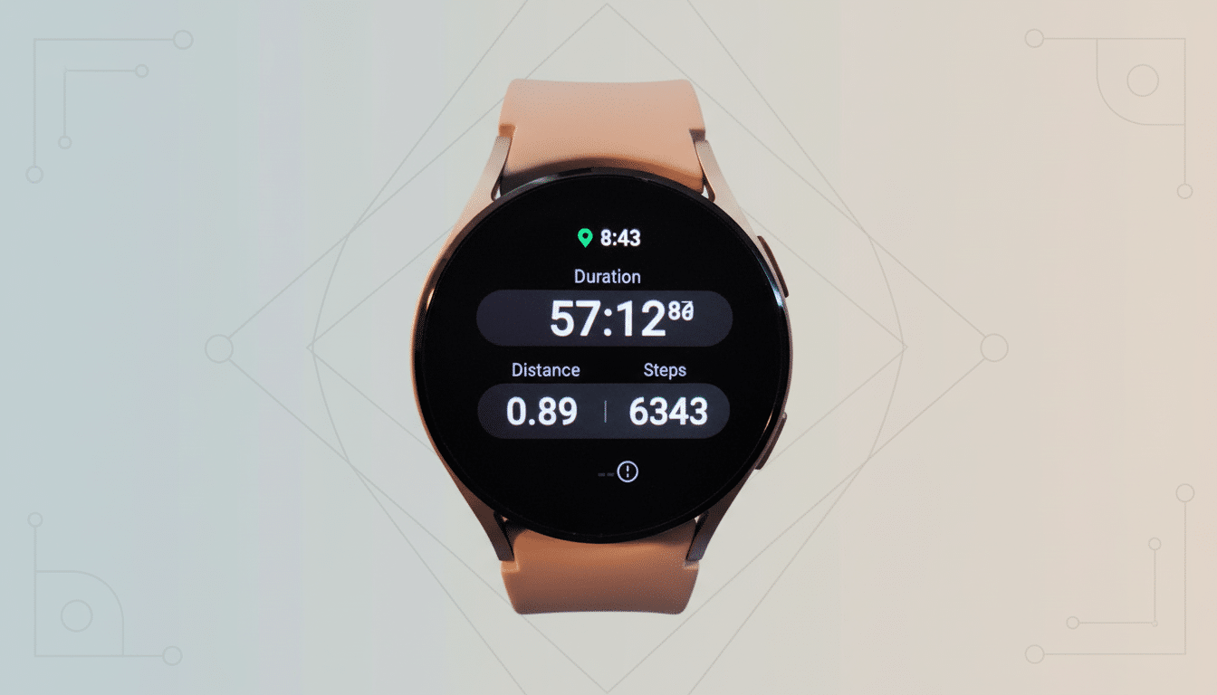 A smartwatch displaying fitness data, including duration, distance, and steps, set against a professional flat design background with soft patterns.