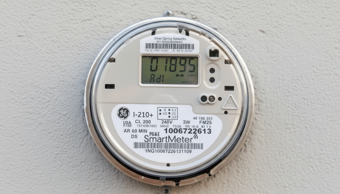 A close-up, professionally enhanced image of a GE I-210+ SmartMeter, displaying a reading of 01895, set against a neutral background.