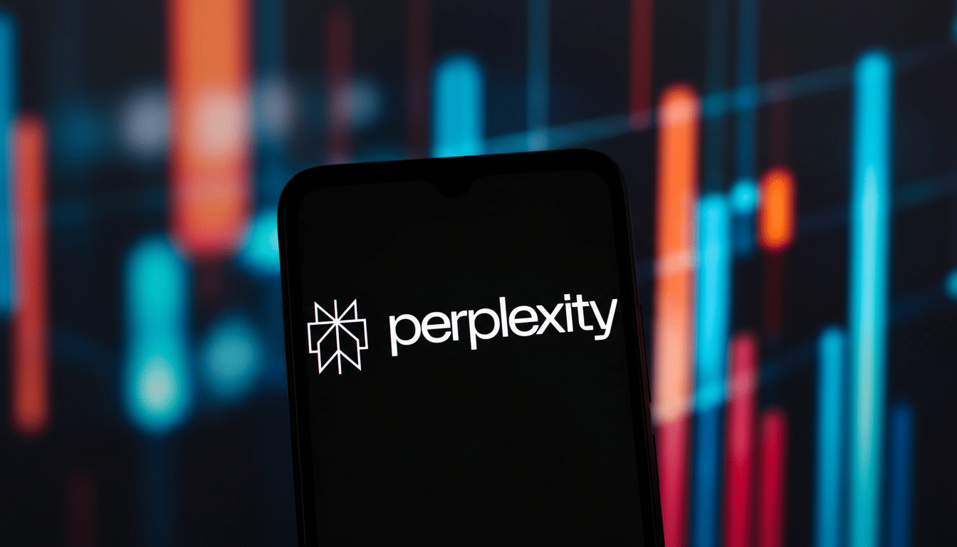 A smartphone displaying the white perplexity logo and text on a black screen, with a blurred background of orange and blue vertical lights.