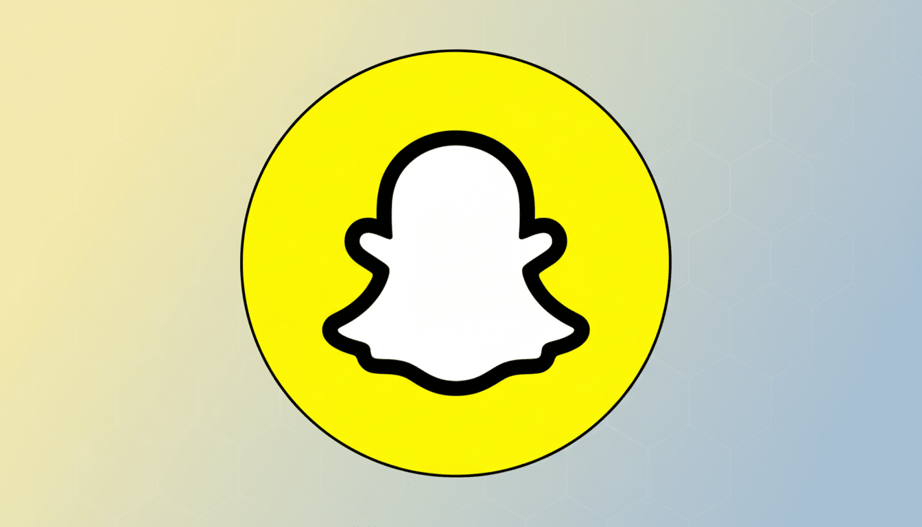 The Snapchat ghost logo, a white ghost shape with a black outline, centered within a bright yellow circle. The background is a professional flat design with a soft gradient from light yellow to light blue, featuring subtle hexagonal patterns.