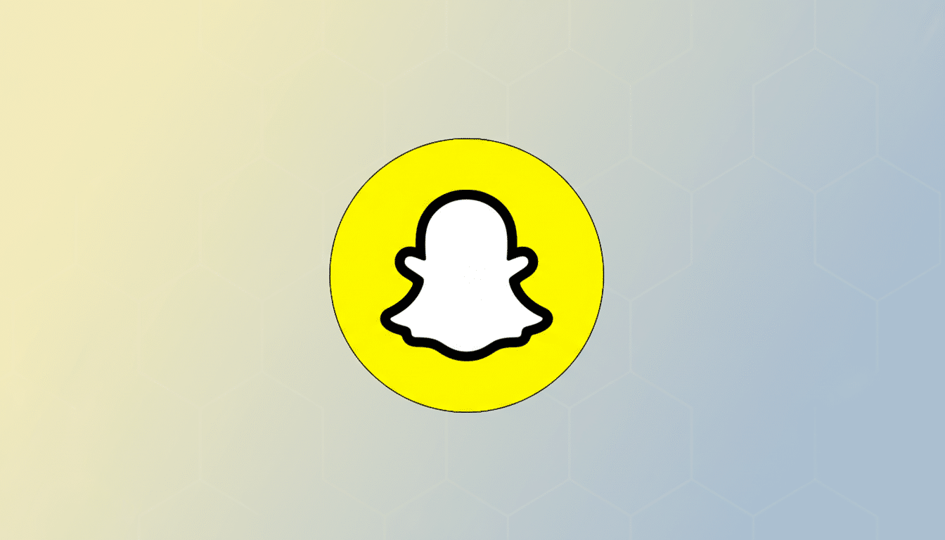 The Snapchat ghost logo, a white ghost shape with a black outline, centered within a yellow circle. The background is a professional flat design with a soft gradient from light yellow to light blue, featuring subtle hexagonal patterns.