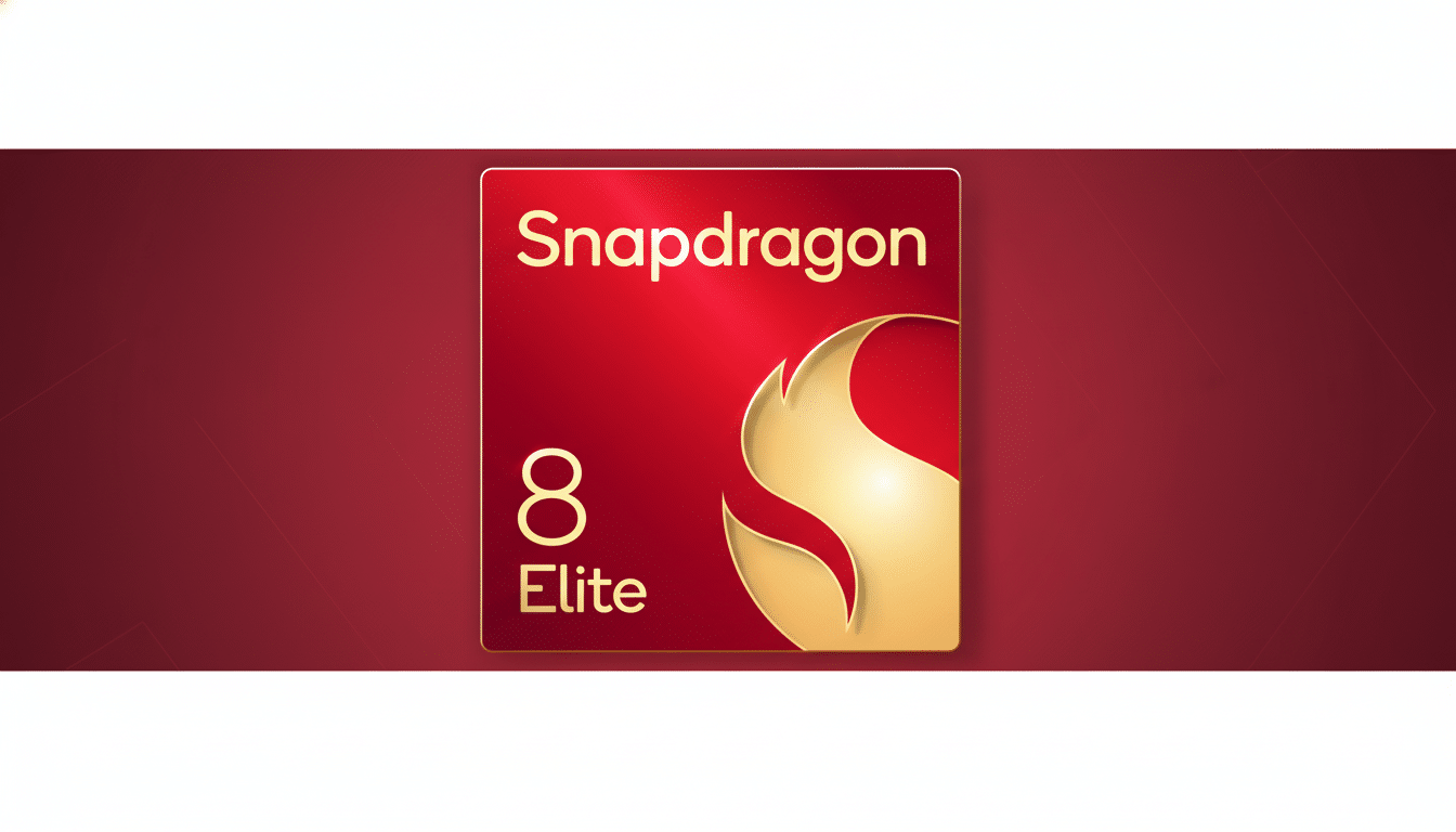 The Snapdragon 8 Elite logo on a red background, resized to a 16:9 aspect ratio with a professional flat design background featuring soft patterns and gradients.