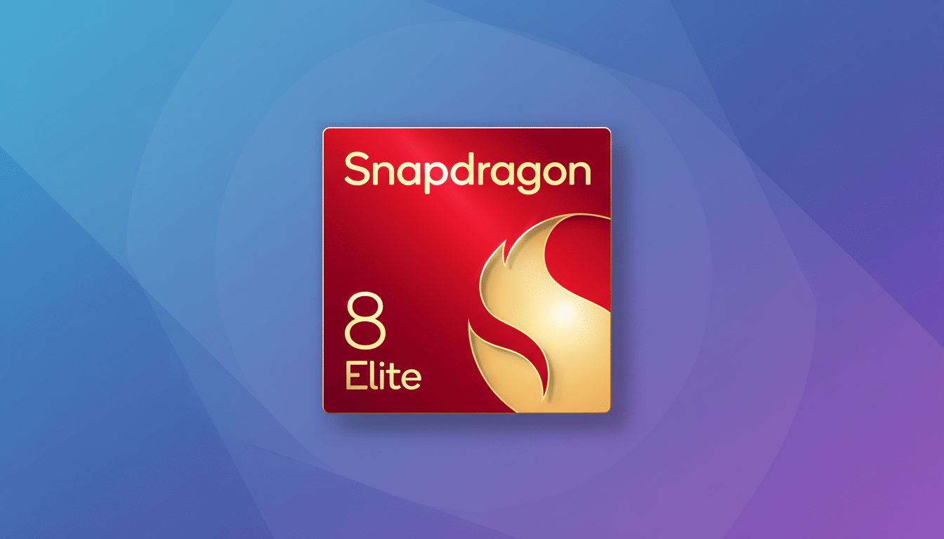 The Snapdragon 8 Elite logo, a red square with gold text and a stylized gold flame, centered on a professional 16:9 aspect ratio background with a soft blue and purple gradient pattern.
