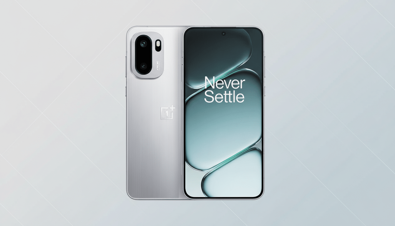 A silver OnePlus smartphone is displayed at a 16:9 aspect ratio, with its front screen showing Never Settle and its back featuring a camera module and the OnePlus logo. The background is a professional flat design with soft patterns.