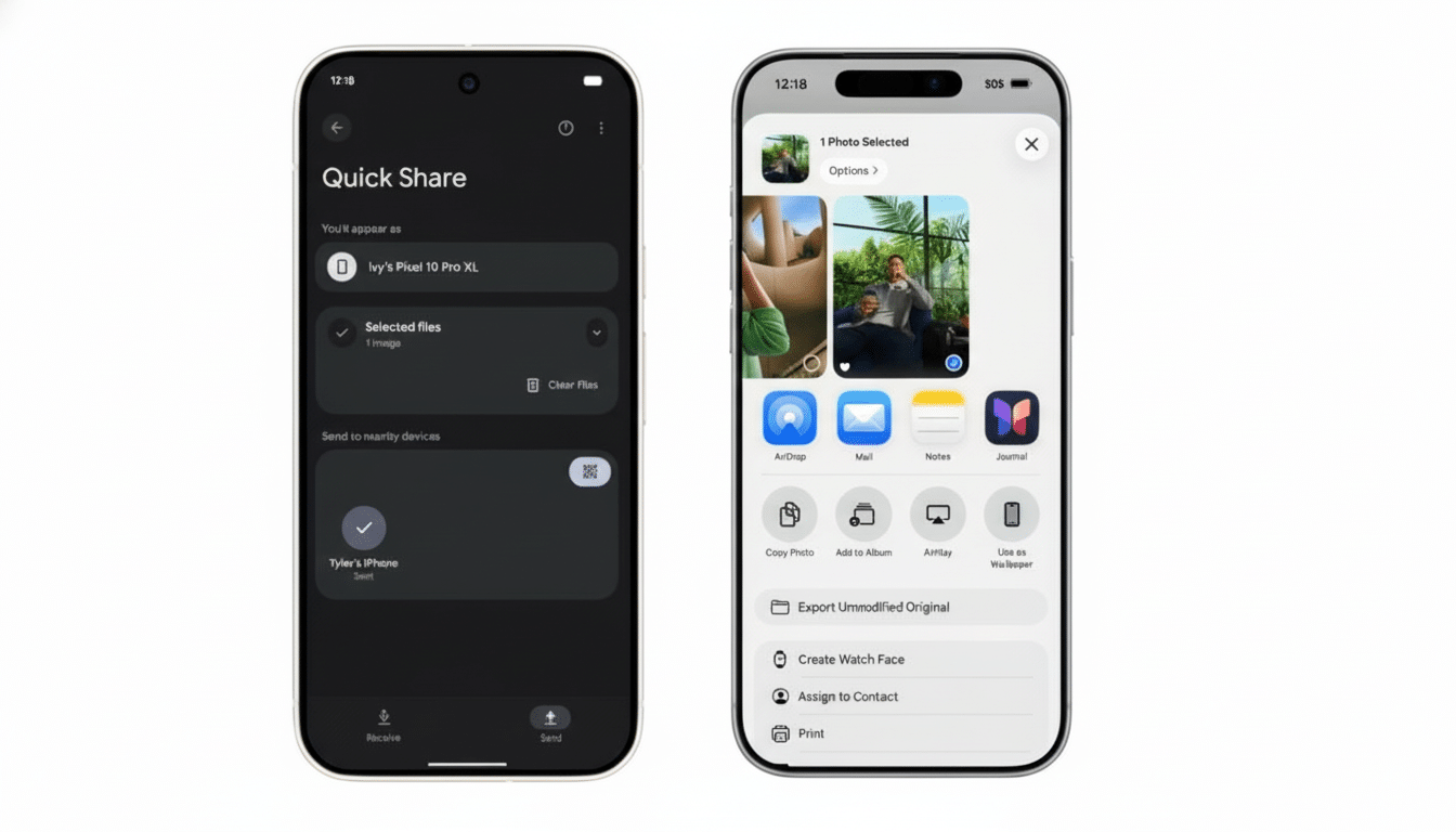 Two smartphones side-by-side, one displaying a Quick Share interface and the other showing a photo sharing menu.