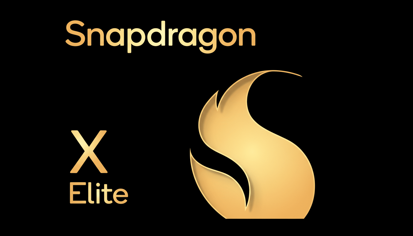The Snapdragon X Elite logo, featuring the word Snapdragon in gold at the top, X Elite in gold on the bottom left, and a stylized gold flame-like S logo on the right, all against a black background.