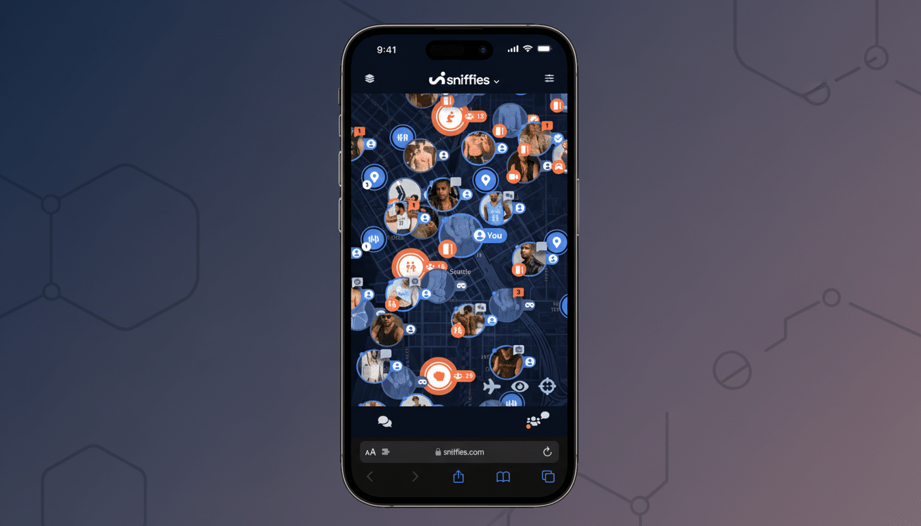 A smartphone displaying the Sniffies app, which shows a map of Seattle with various user profiles marked by circles containing profile pictures and numbers, indicating activity or proximity. The phone is set against a professional flat design background with soft patterns and gradients.