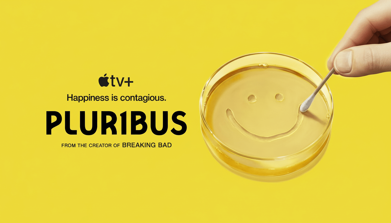A 16:9 aspect ratio image featuring the Apple TV+ logo, the text Happiness is contagious. PLURIBUS FROM THE CREATOR OF BREAKING BAD, and a hand using a cotton swab to draw a smiley face in a petri dish filled with a yellow liquid, all against a yellow background.