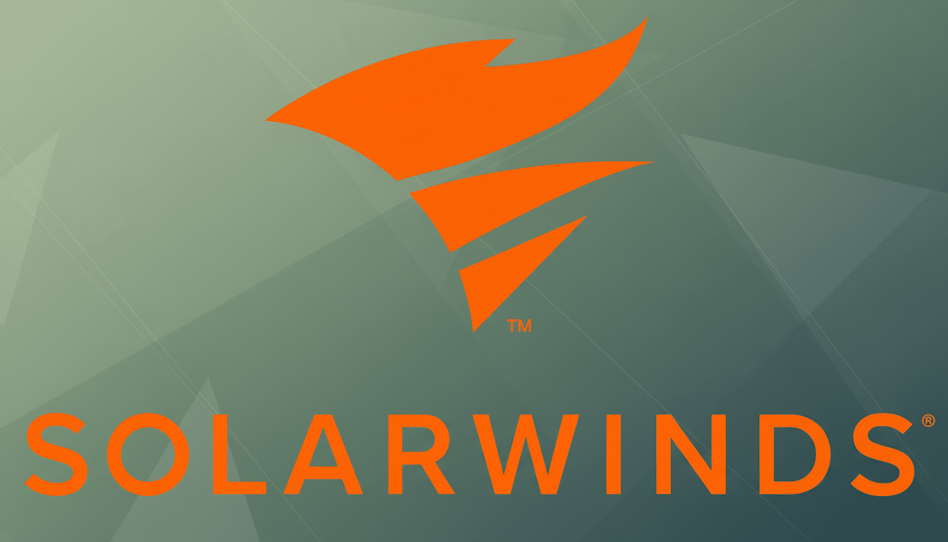The SolarWinds logo, featuring an orange stylized flame icon above the word SOLARWINDS in orange capital letters, set against a professional flat design background with soft patterns and gradients in shades of green and grey, resized to a 16:9 aspect ratio.
