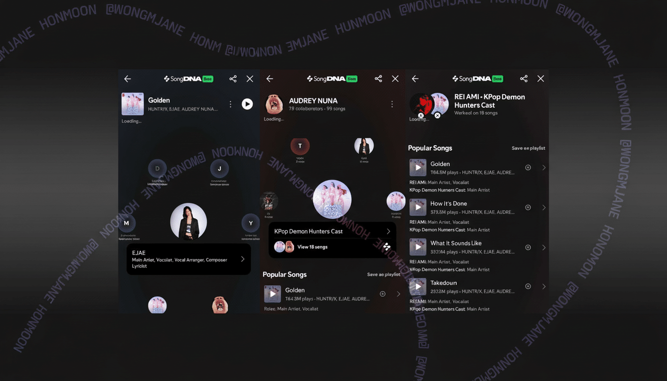 A screenshot of a music streaming app interface, displaying artist profiles, popular songs, and album art. The app has a dark theme with white text and various circular profile pictures and album covers.