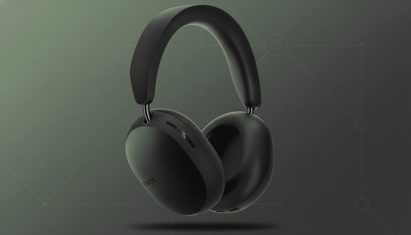 A pair of black Sonos headphones on a dark green background with subtle geometric patterns.