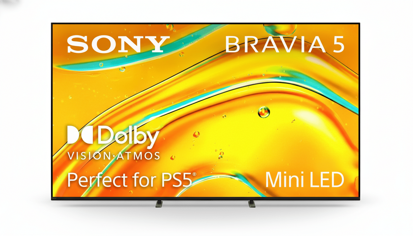 A Sony Bravia 5 Mini LED television with a vibrant yellow and orange abstract background on the screen, featuring Perfect for PS5 and Dolby Vision Atmos logos.