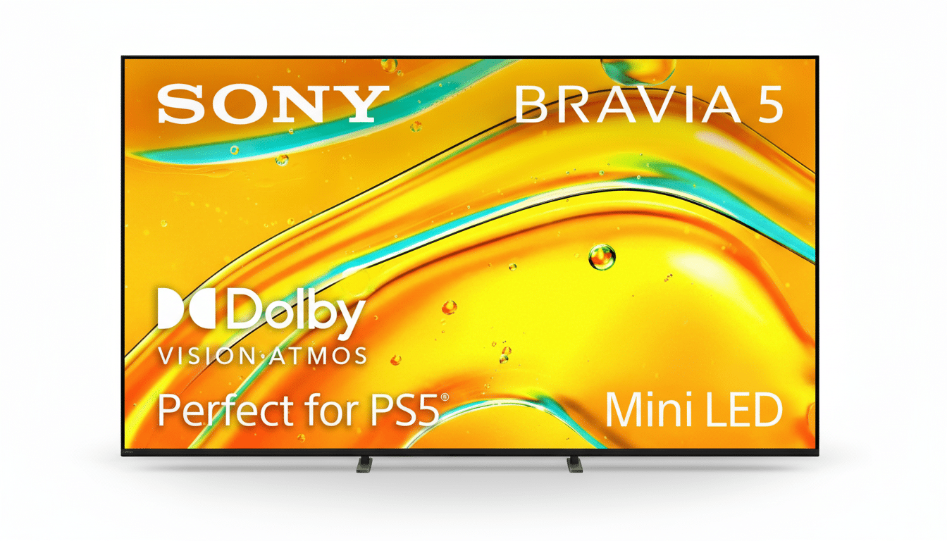 A Sony Bravia 5 Mini LED television with a vibrant yellow and orange abstract display, featuring SONY BRAVIA 5, Dolby VISION ATMOS, Perfect for PS5®, and Mini LED text.