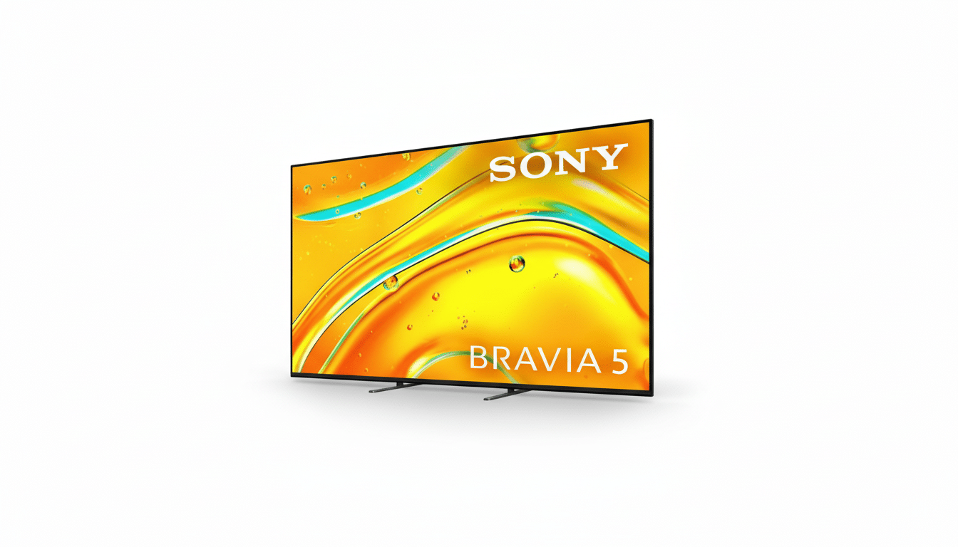 A Sony Bravia 5 television with a vibrant yellow and blue abstract image on its screen, presented on a white background.