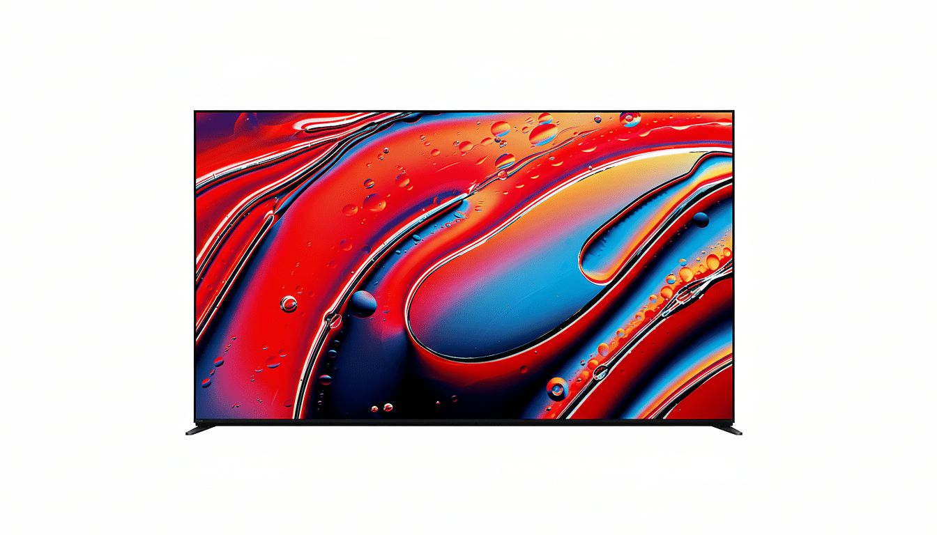 A sleek, modern television displaying a vibrant abstract image of colorful liquids and bubbles, set against a clean white background.