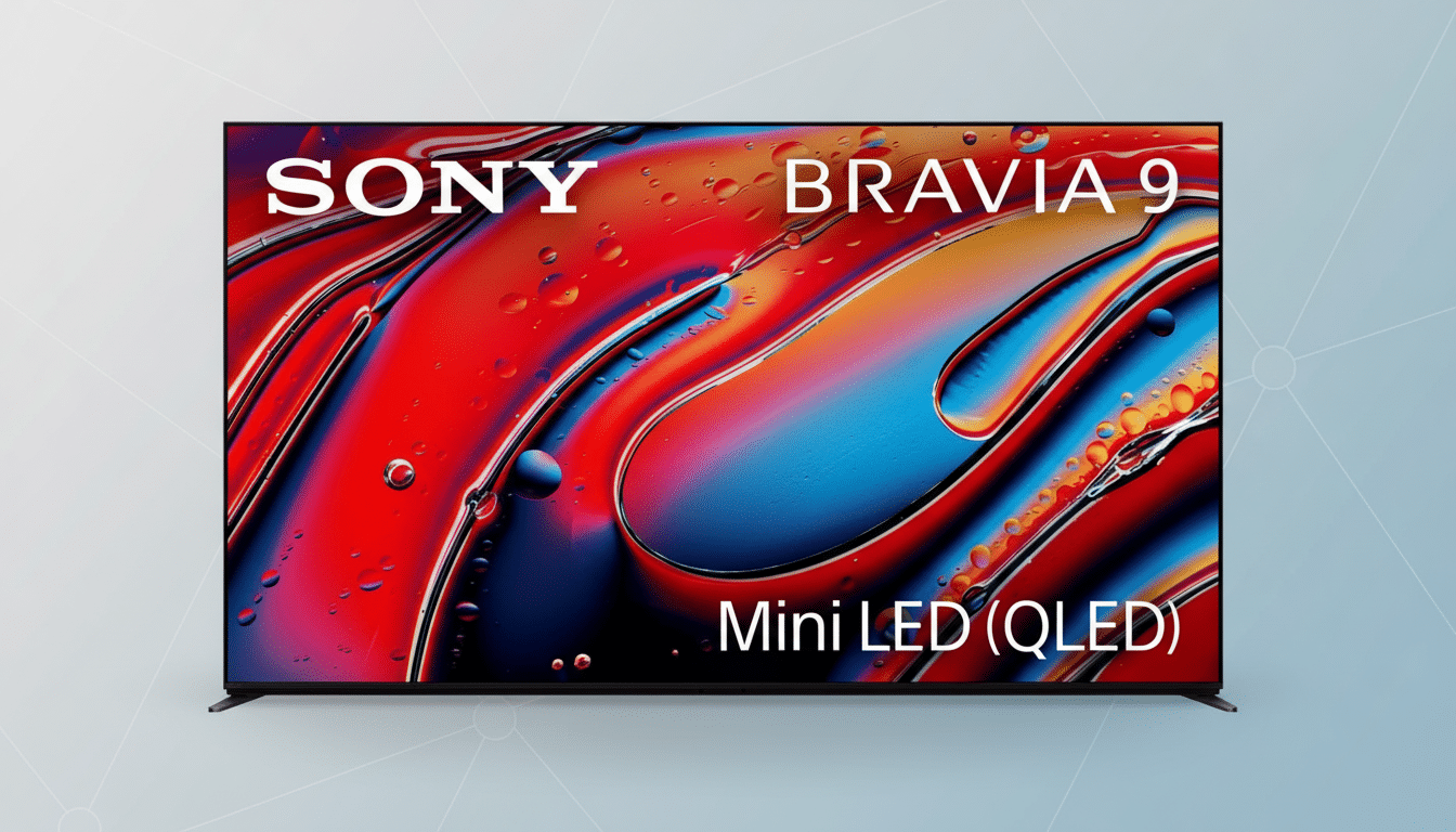 A Sony Bravia 9 Mini LED (QLED) television displayed on a professional light gray background with subtle geometric patterns.