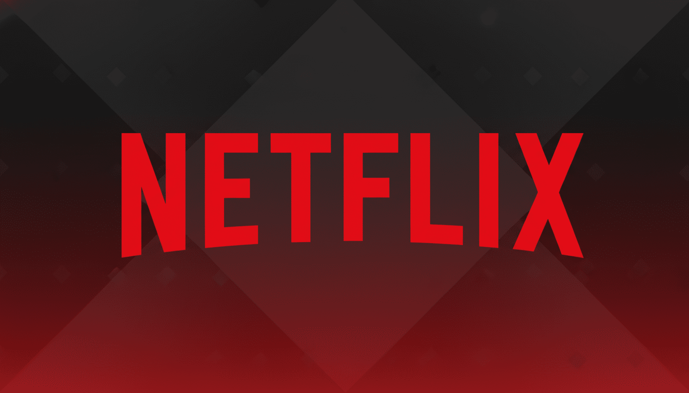 The Netflix logo, featuring the word NETFLIX in bold red letters with a slight upward curve, set against a professional dark gray and red gradient background with subtle geometric patterns.