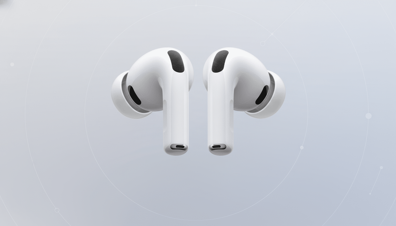 A pair of white wireless earbuds with black accents, presented against a professional light gray background with subtle circular patterns.