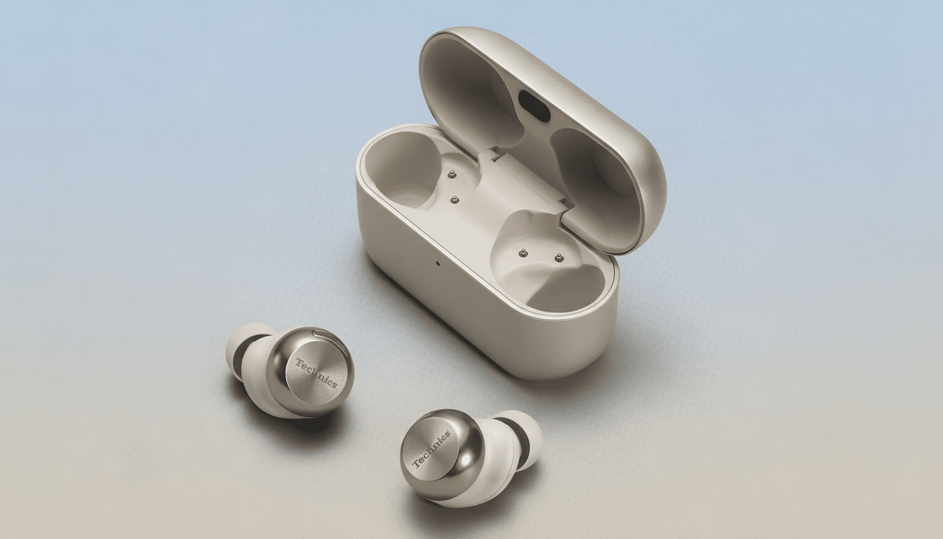 A pair of Technics wireless earbuds and their open charging case are displayed on a professional flat design background with soft blue and beige gradients.