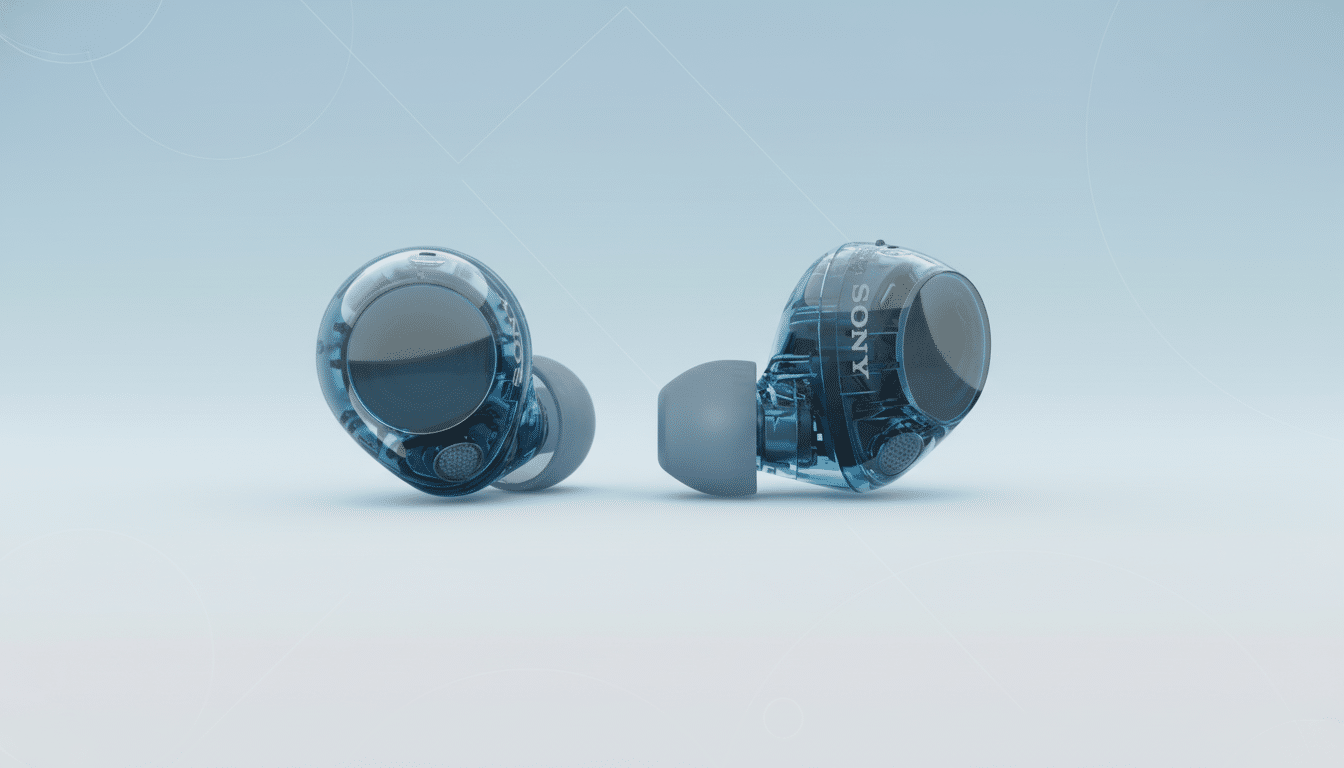 A pair of transparent blue Sony earbuds with gray tips, presented on a light blue gradient background with subtle geometric patterns.