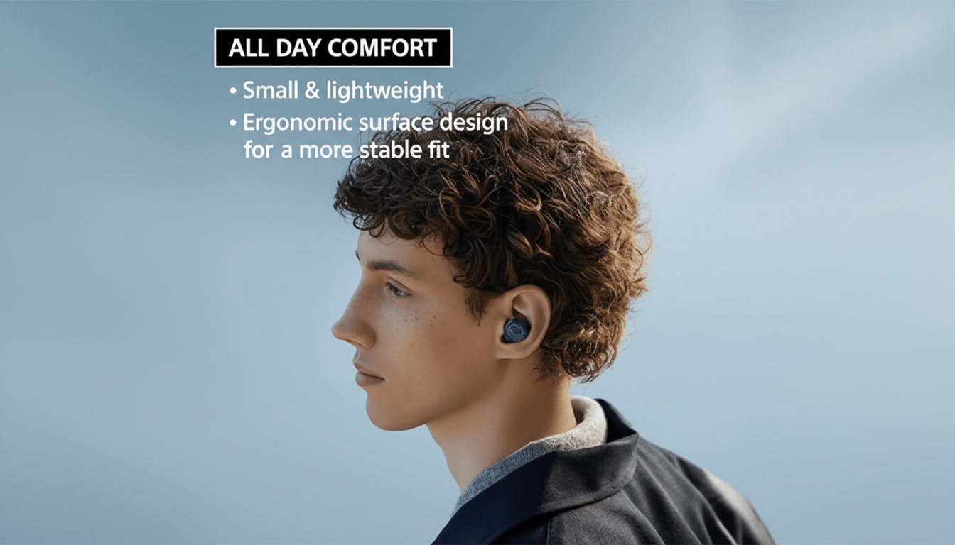 A young man with curly brown hair wearing a dark blue earbud in his right ear, looking to the left. The background is a soft blue sky. Text overlays on the top left read ALL DAY COMFORT and bullet points Small & lightweight and Ergonomic surface design for a more stable fit.