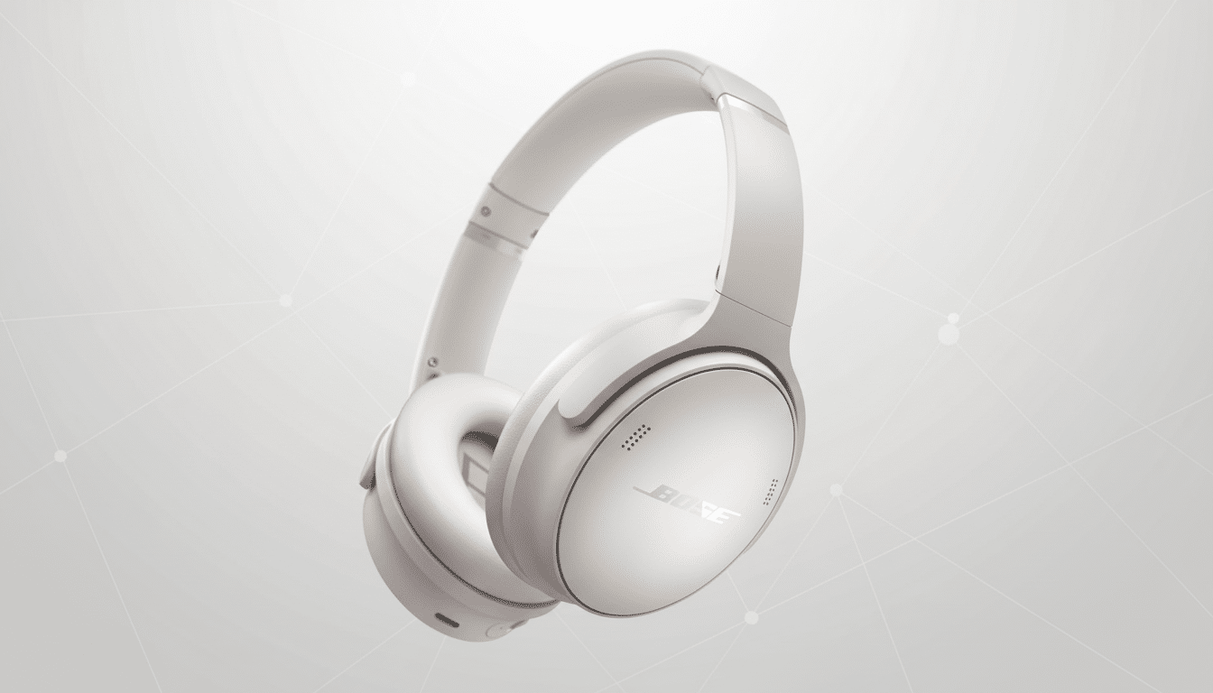 A pair of white Bose noise-cancelling headphones on a light gray background with subtle geometric patterns.