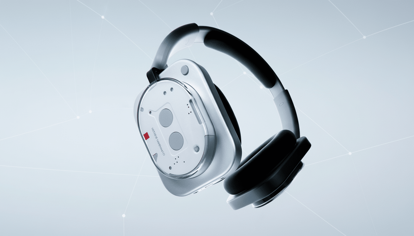 A pair of sleek, modern headphones with a white and black design, featuring circular earcups with visible internal components, set against a professional light blue background with subtle geometric patterns.