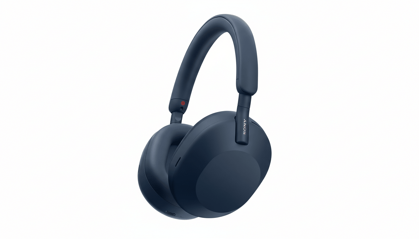 A pair of dark blue Sony WH-1000XM5 headphones on a white background, presented in a 16:9 aspect ratio.