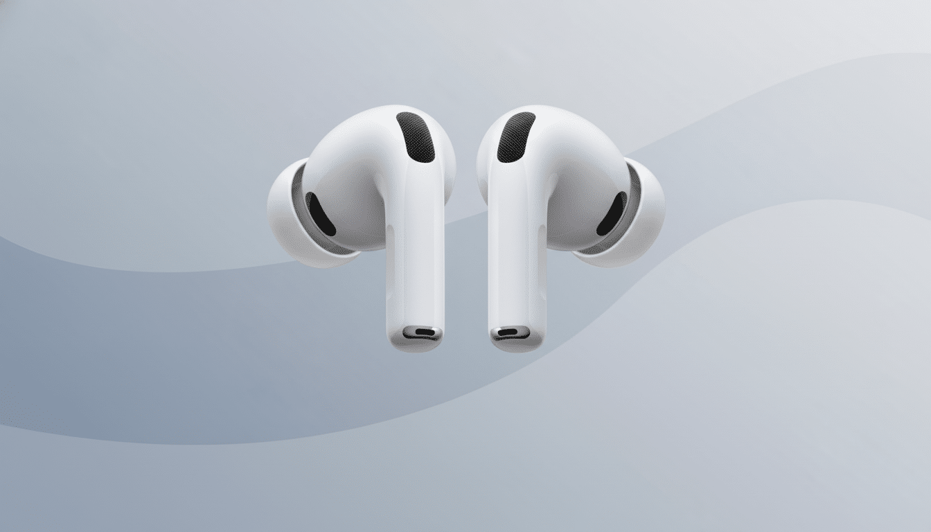 A pair of white wireless earbuds on a professional flat design background with soft gray gradients and subtle wave patterns.