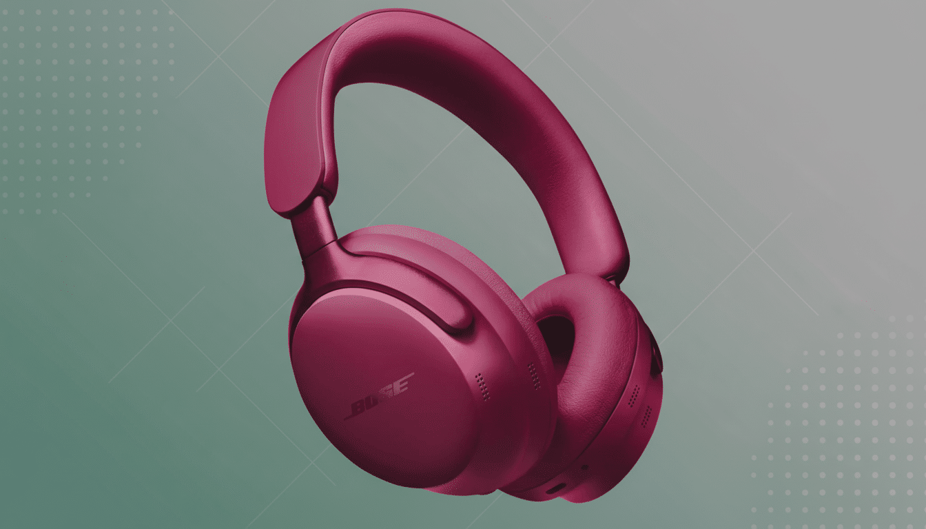 A pair of Bose headphones in a deep magenta color, presented on a professional flat design background with a soft gradient from light green to gray and subtle geometric patterns.
